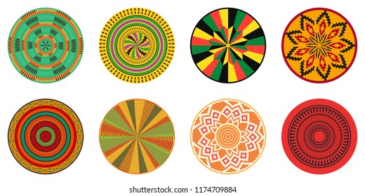 Set of African decorative elements. Round ornament pattern. Kente print.