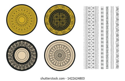 Set of African decorative elements. Round ornament pattern. Collection of mandalas in Tribal style. Ethnic handmade borders.