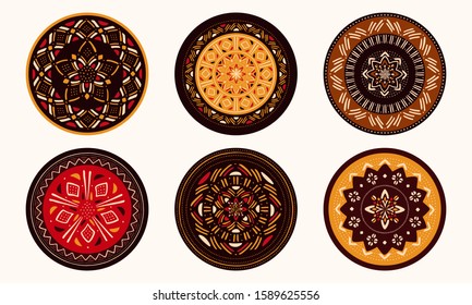 Set of African decorative elements. Round ornament pattern. Collection of mandalas in tribal style.
