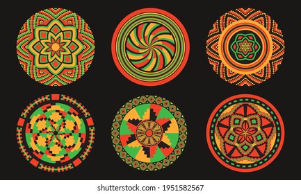 Set of African decorative elements. Round ornament pattern. Collection of mandalas in tribal style.