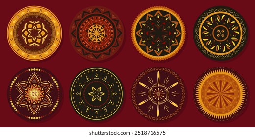 Set of African decorative elements. Round ornament pattern. Ethnic carpets, rugs, napkins. Collection of mandalas in tribal style. Tribal design.