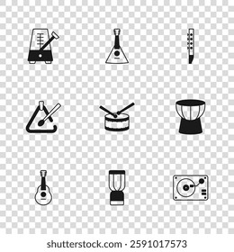 Set African djembe drum, darbuka, Vinyl player with vinyl disk, Drum sticks, Flute, Metronome pendulum, Balalaika and Triangle musical instrument icon. Vector