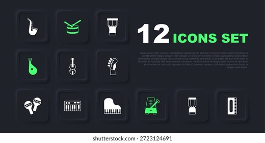 Conjunto de tambor djembe africano, armónica, violín, metrónomo con péndulo, bandura, sintetizador de música, palos de batería e icono de piano. Vector