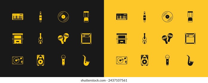 Set African djembe drum, Stereo speaker, Maracas, Microphone, Violin, Vinyl disk, Music synthesizer and Audio jack icon. Vector