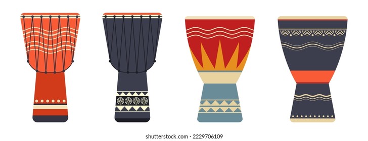 Conjunto de íconos del vector del tambor del djembe africano. Iconos planos de tambor, aislados en fondo blanco. Tambores de etnia africana. Ilustración de color del vector.