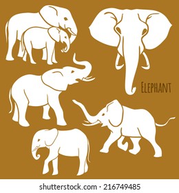 Set of African elephants in various poses. Vector Illustration