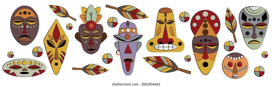 A set of African, ethnic masks. National ornaments. Flat vector illustration. Rituals and initiations. Mysticism and magic. Items for the ceremony.