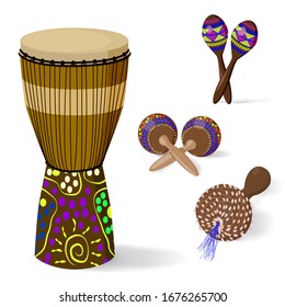 A set of African ethnic musical instruments. A Jumbo drum and various maracas. Isolated on a white background. Vector illustration in cartoon style.