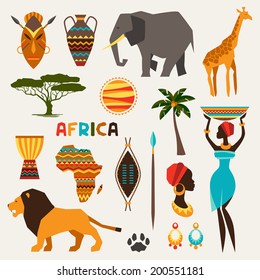 Set of african ethnic style icons in flat style.