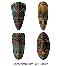 Set of African Ethnic Tribal masks on white background. . Flat icons. Ritual symbols.