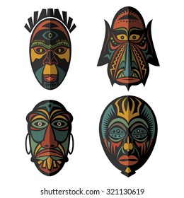 Set of African Ethnic Tribal masks on white background. . Flat icons. Ritual symbols.