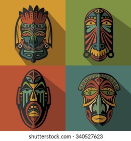 Set of African Ethnic Tribal masks on color background. Flat icons. Ritual symbols.
