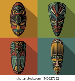 Set of African Ethnic Tribal masks on color background. Flat icons. Ritual symbols.