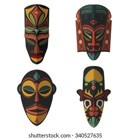Set of African Ethnic Tribal masks on white background. Flat icons. Ritual symbols.