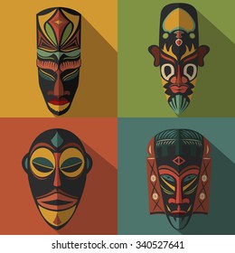 Set of African Ethnic Tribal masks on color background. Flat icons. Ritual symbols.