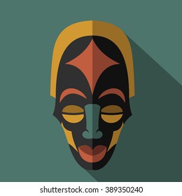 Set of African Ethnic Tribal masks on colour background. Flat icons. Ritual symbols.