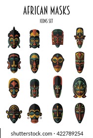 Set of African Ethnic Tribal masks on white background. Flat icons. Ritual symbols.