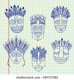 Set of African Ethnic Tribal masks. Hand drawn vector stock illustration. Sheet ball pen drawing