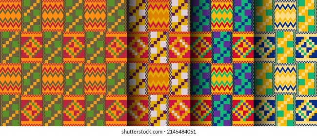 Conjunto de patrones geométricos sin costuras en África. Ropa de kente. Impresión de color étnico.