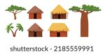 Set of African huts and trees flat style, vector illustration isolated on white background. South dwellings with yellow and brown thatched roof, baobab, palms