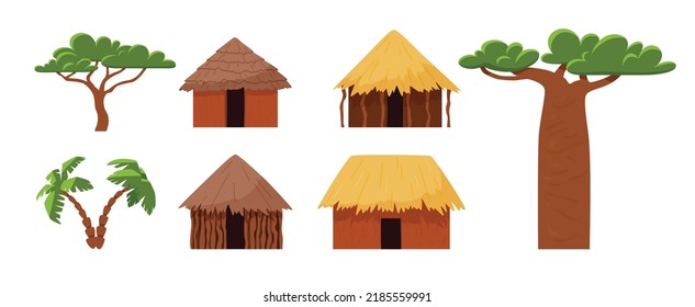 Set of African huts and trees flat style, vector illustration isolated on white background. South dwellings with yellow and brown thatched roof, baobab, palms svg