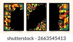 Set of African inspired poster covers template with modern geometric patterns on black for Black History Month, cultural event flyers, invitations, social media graphics. Vector illustration