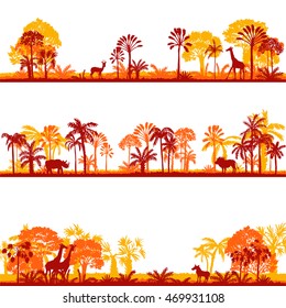 set of african landscapes, palms silhouettes and wild animals, exotic trees and giraffes, hand drawn vector design elements