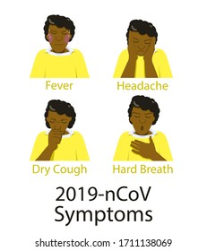 Set of african male characters with illness symptoms. Info graphic.  Cough, Fever, Sneeze, Headache, breathing difficulties. Flat vector illustration.