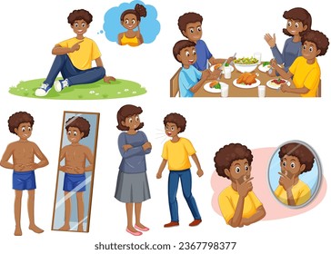 Set of African male teen in different routine illustration