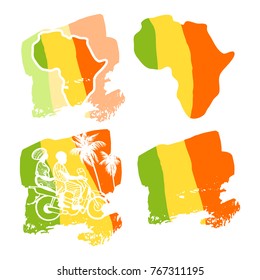 A set of African Malian flags in three colors yellow, green, red in the style of a children's illustration. Isolated image on white.