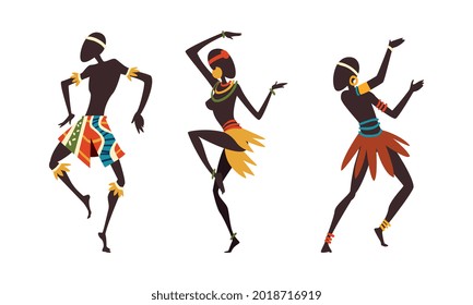 Set of African Man and Woman Dancing Ethnic Dance Set, Aborigines in Bright Traditional Clothing Performing Ritual Dance Cartoon Vector Illustration
