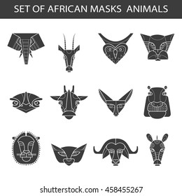 Set of african masks animals. Owl, leopard, elephant, gazelle, ostrich, giraffe, lion, sand-dune cat, fennec fox, hippopotamus, buffalo, zebra