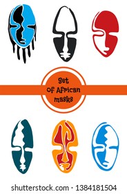 Set of African masks contour silhouettes vector illustration hand drawing