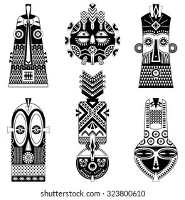 Set of african masks of different shapes. Vector illustration