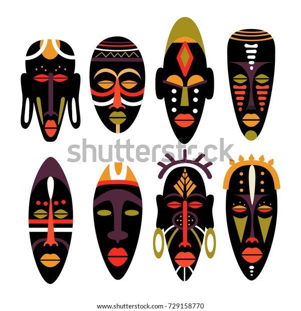 アフリカのマスクのセット 明るい色の平らなベクターイラスト のベクター画像素材 ロイヤリティフリー