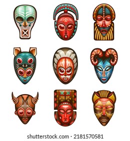 A set of African masks on a white background.