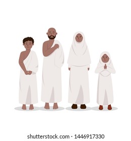 Set of African Muslim Ethnics Wearing Ihram, Hajj Dress Cartoon Illustration