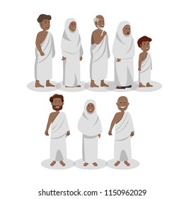 Set of African Muslim Wearing Ihram During Hajj, Islamic Pilgrimage Cartoon Vector Illustration