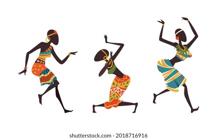 Set of African People Dancing Ethnic Dance Set, Young Women in Bright Traditional Clothing Performing Ritual Dance Cartoon Vector Illustration