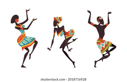 Set of African People Dancing Ethnic Dance Set, Aborigines in Bright Traditional Clothing Performing Ritual Dance Cartoon Vector Illustration