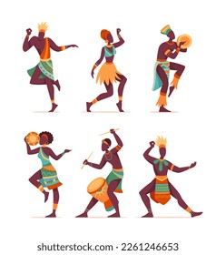 Set of african people dancing ritual dance. Men and women in traditional costumes move to tribal music and play folklore rhythms on drum. Cartoon flat vector collection isolated on white background