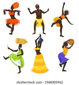 Set of African people dancing tribal dance. Cartoon vector illustration. Africans wearing traditional ethnic clothes, doing different moves. Africa, dance, culture concept for banner design