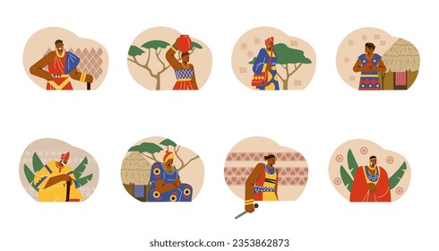 Set of African people in traditional clothes with geometrical ornaments flat style, vector illustration isolated on white background. Decorative design elements collection, culture, kids and adults