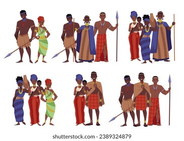 Set of African people in traditional clothes, flat vector illustration isolated on white background. Black men and women with children. Tribal African warriors with spears.