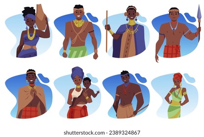 Set of African people in traditional costumes flat style, vector illustration isolated on white background. Decorative design elements collection, happy men and women, necklaces and spears