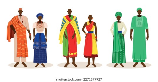 Set of African people in tribal costumes. Men and women in traditional national clothes with accessories and headdresses. Residents of Nigeria. Cartoon flat vector collection isolated on white