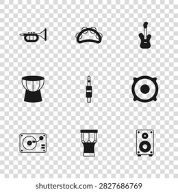Set African percussion drum, Stereo speaker, Audio jack, Electric bass guitar, Trumpet, Tambourine and darbuka icon. Vector