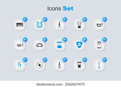 Set African percussion drum, Tambourine, Ancient Greek lyre, Guitar neck, Flute, Conga drums, Music synthesizer and darbuka icon. Vector