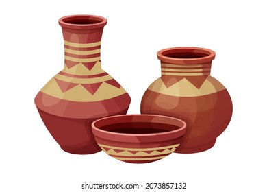 Set african pot, ceramic vase, craft tribal artifact in cartoon style isolated on white background. Collection amphora from clay, 