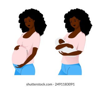 Set of african pregnant woman and mother with baby in pink T-shirt and blue jeans